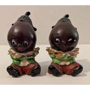 Anthropomorphic Eggplant Salt & Pepper Shaker Set Vintage 3" Tall 1.5x1.5" Wide